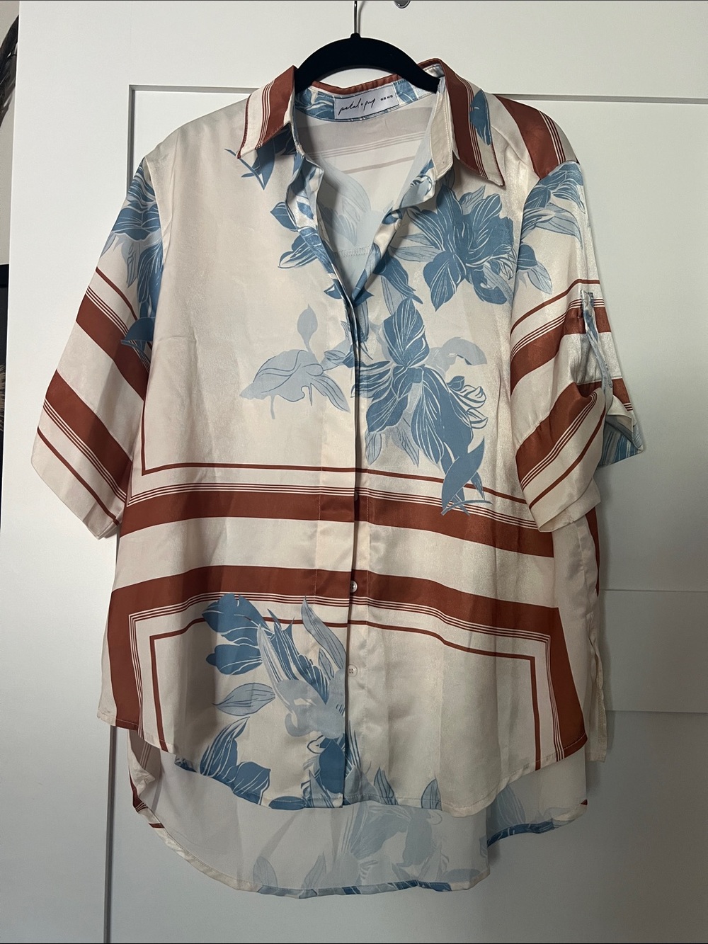 Light Blue Floral & Rust-Striped Short Sleeve Men's Shirt